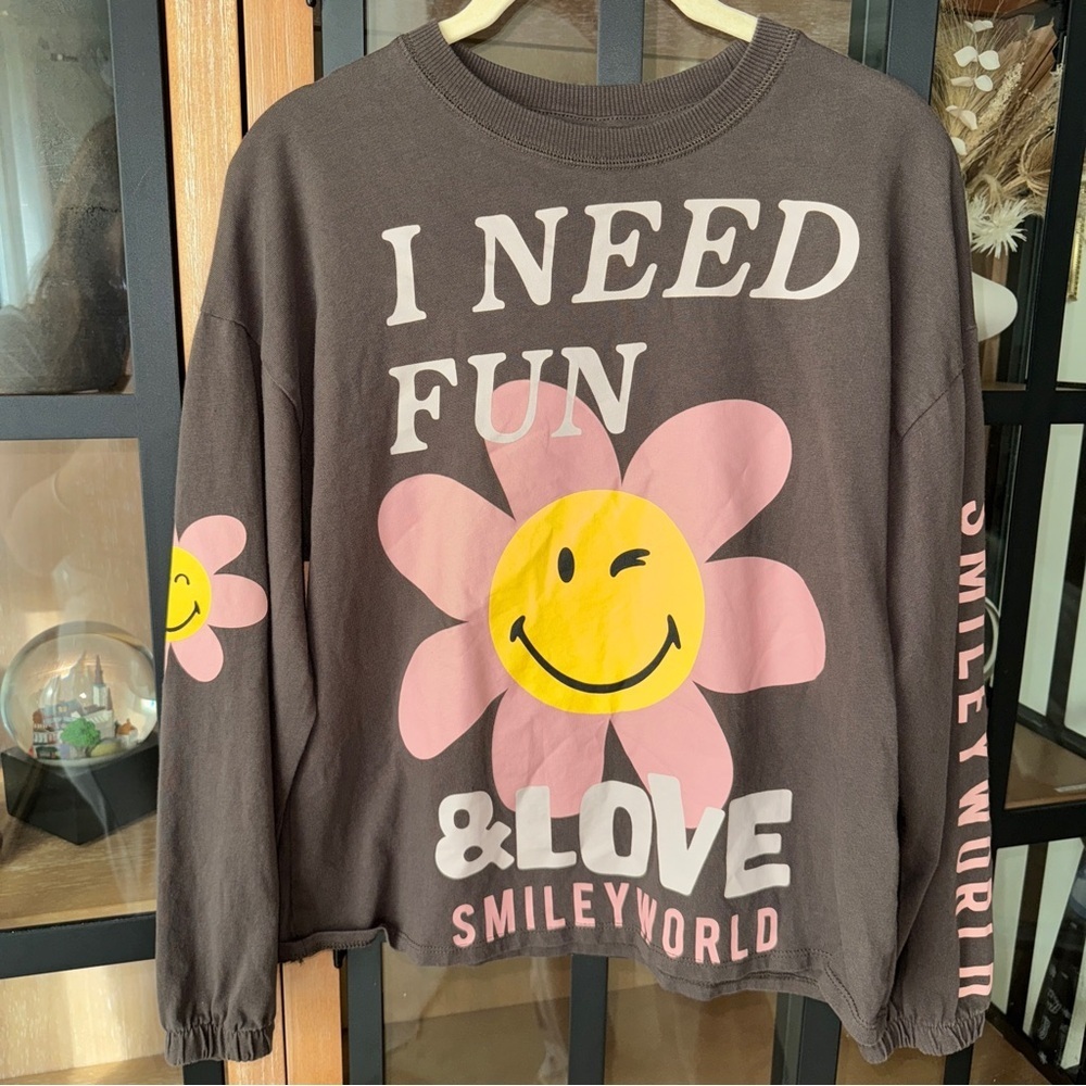 NWOT Zara Kids x Smiley World long sleeve tee girls brown daisy flower crewneck
